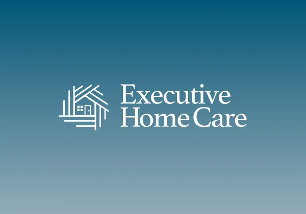 Executive Home Care Logo on a blue and white gradient background.