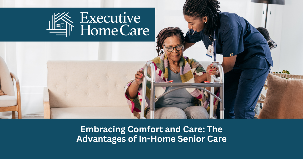 Executive Home Care staff helping client off of sofa to use walker