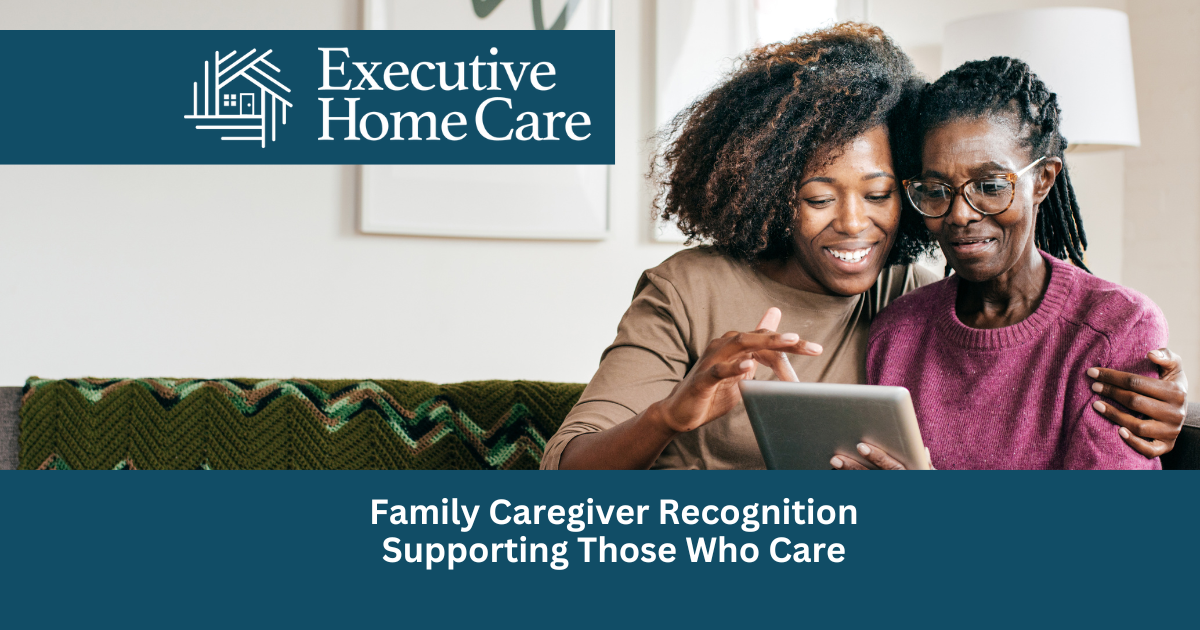Executive Home Care staff and client on a tablet